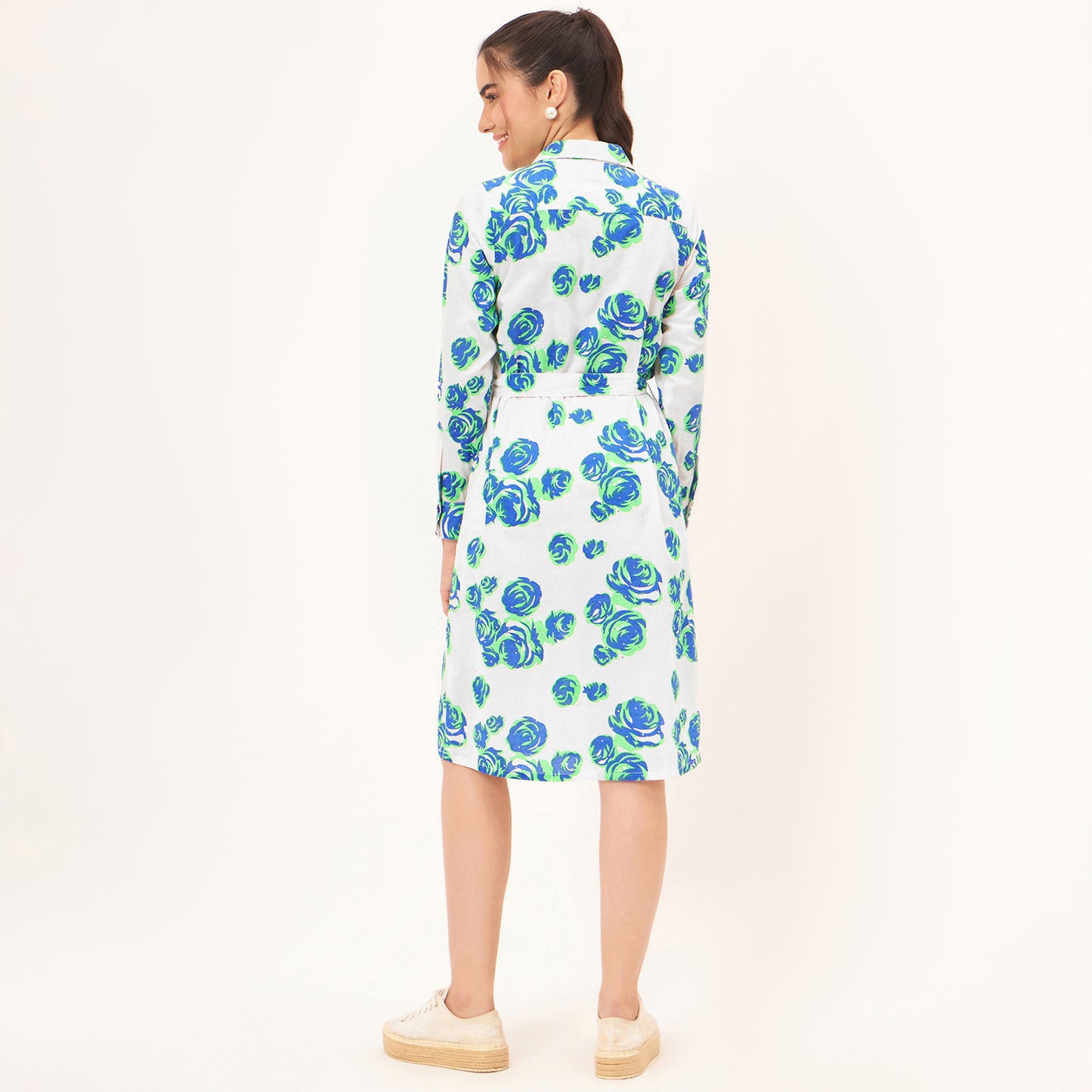 Blue and Green Rose Print Shirt Dress