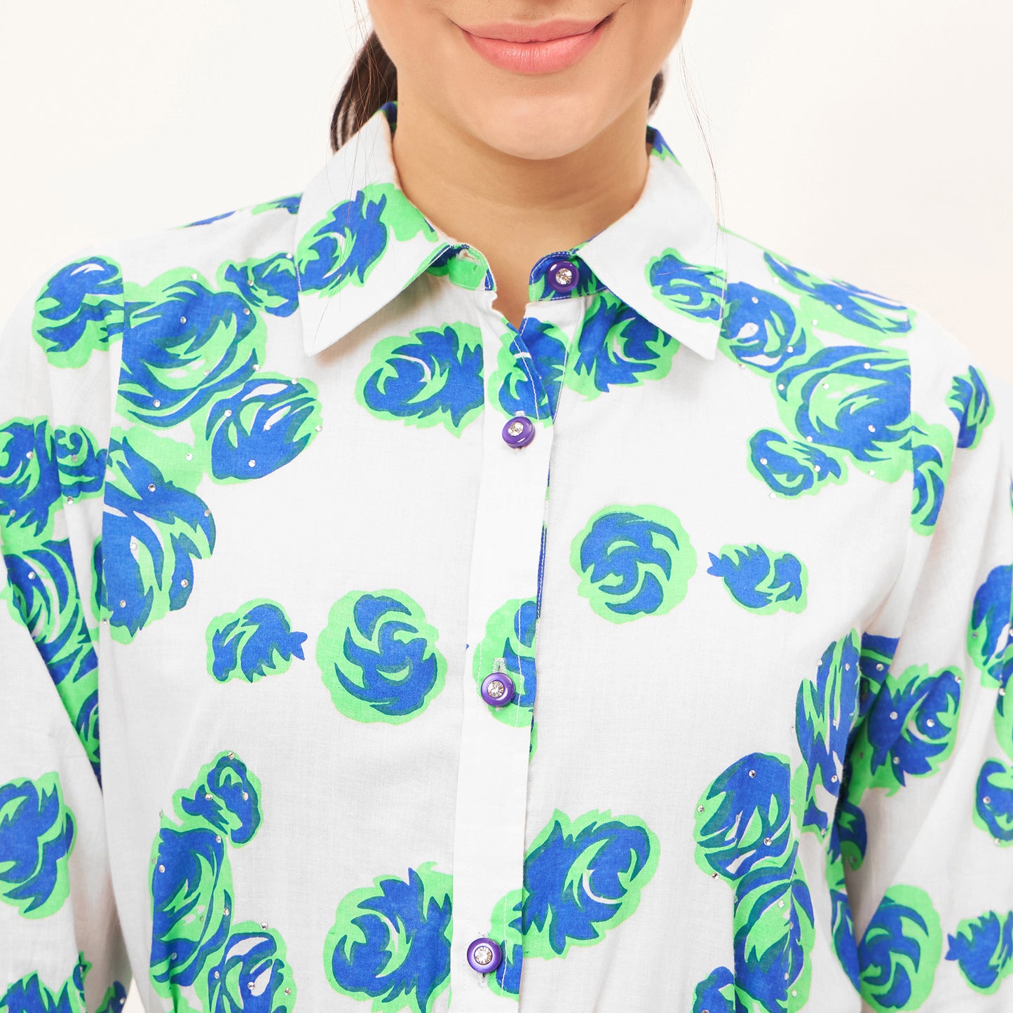 Blue and Green Rose Print Shirt Dress
