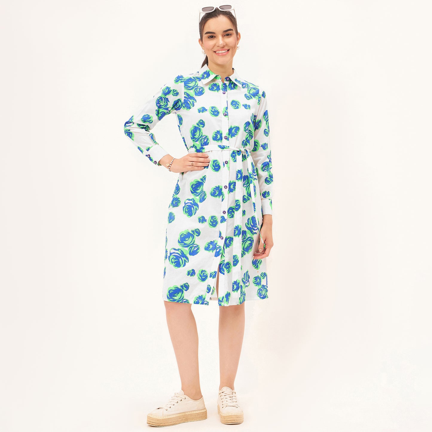Blue and Green Rose Print Shirt Dress