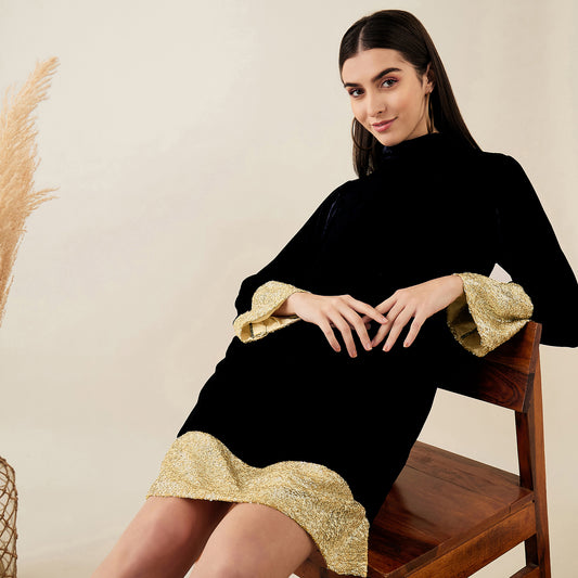 Black Silk Velvet Dress with Gold Sequin Border