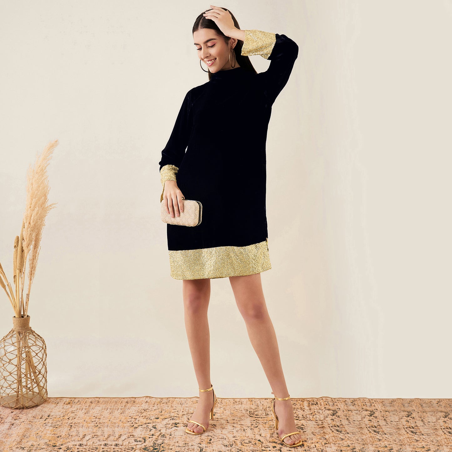 Black Silk Velvet Dress with Gold Sequin Border