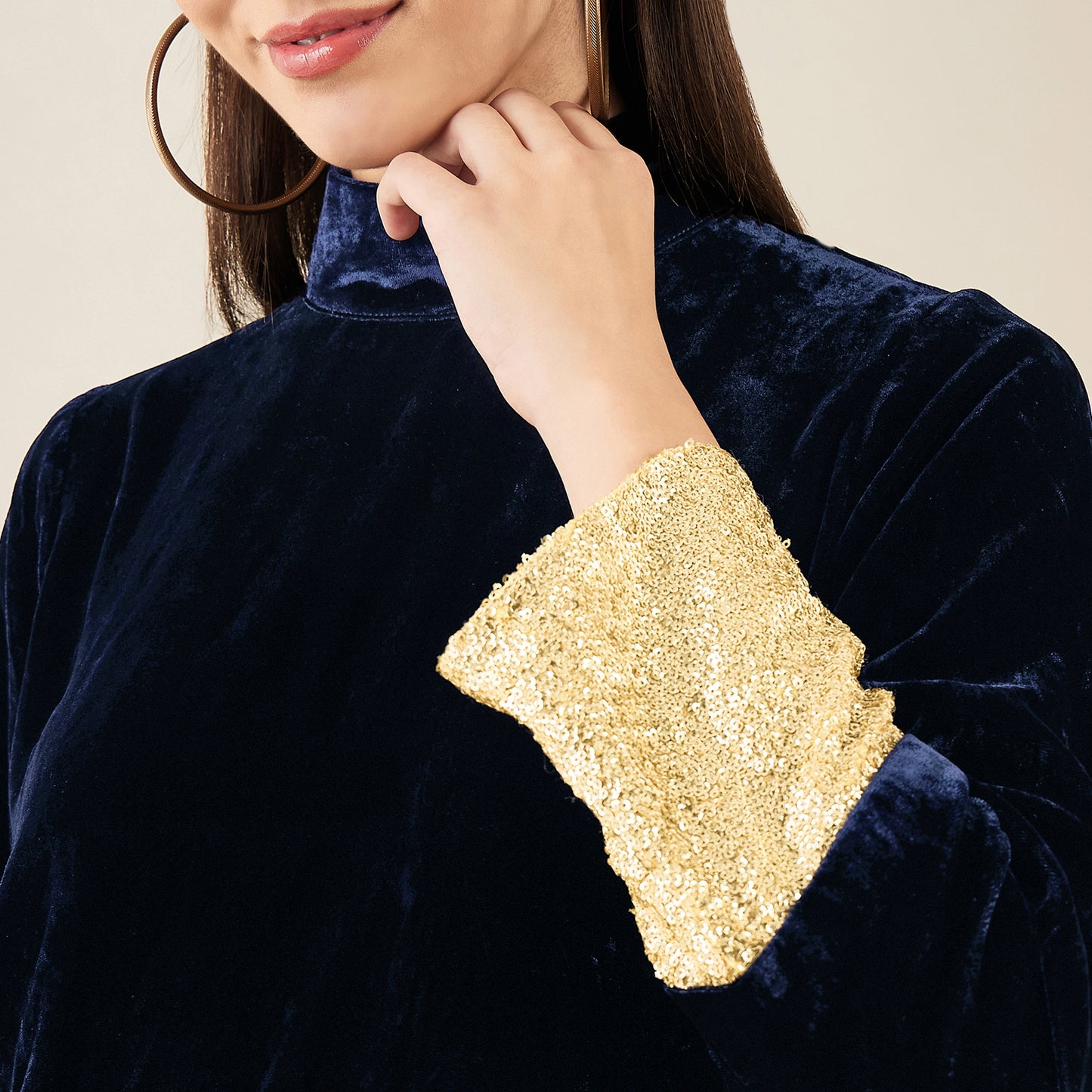 Blue Silk Velvet Dress with Gold Sequin Border