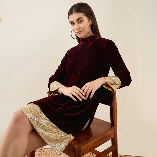 Maroon Silk Velvet Dress with Gold Sequin Border
