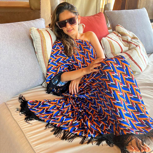 Blue and Mustard One-Shoulder Geometric Print Dress