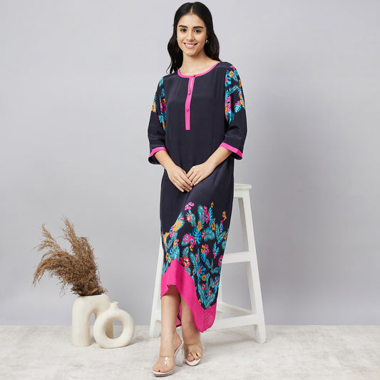 Black and Pink Floral Printed Slimline Kaftan Dress