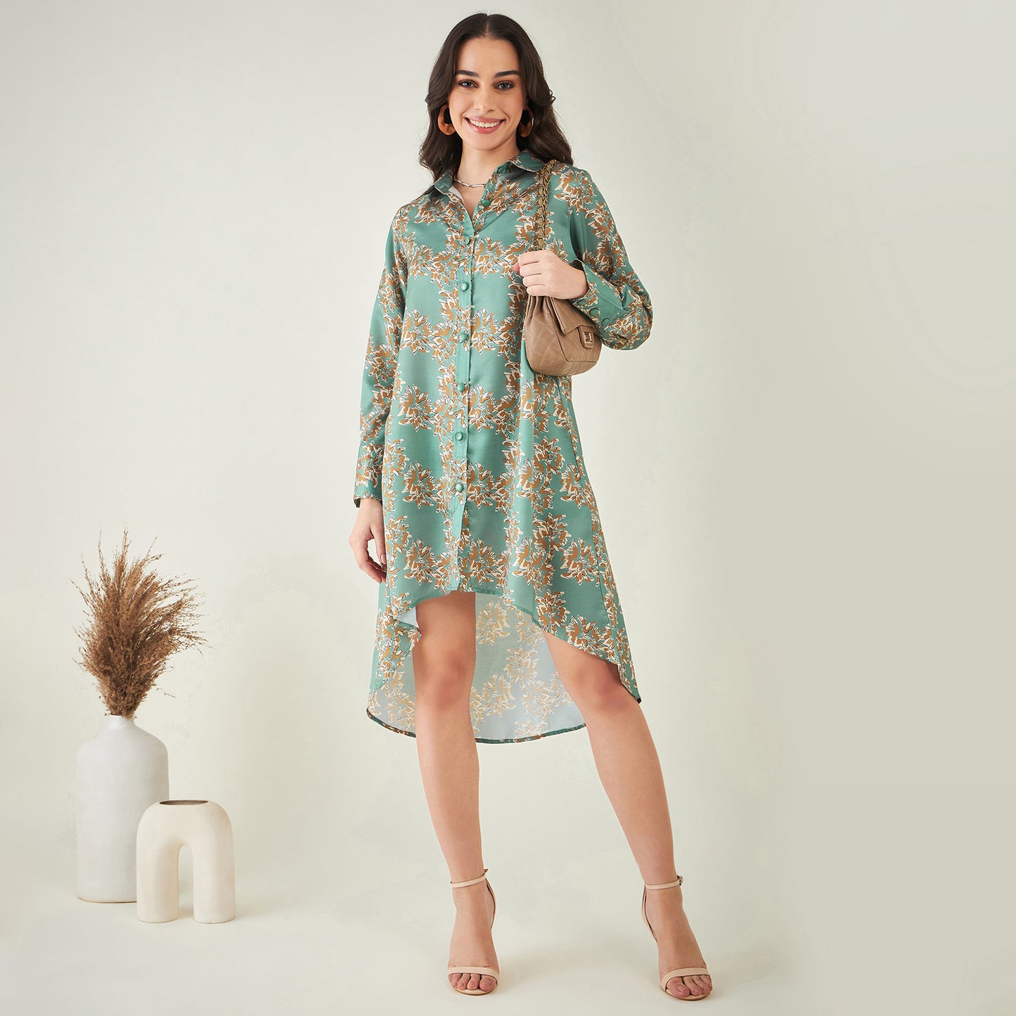 Green and Brown Floral Hi-Low Dress