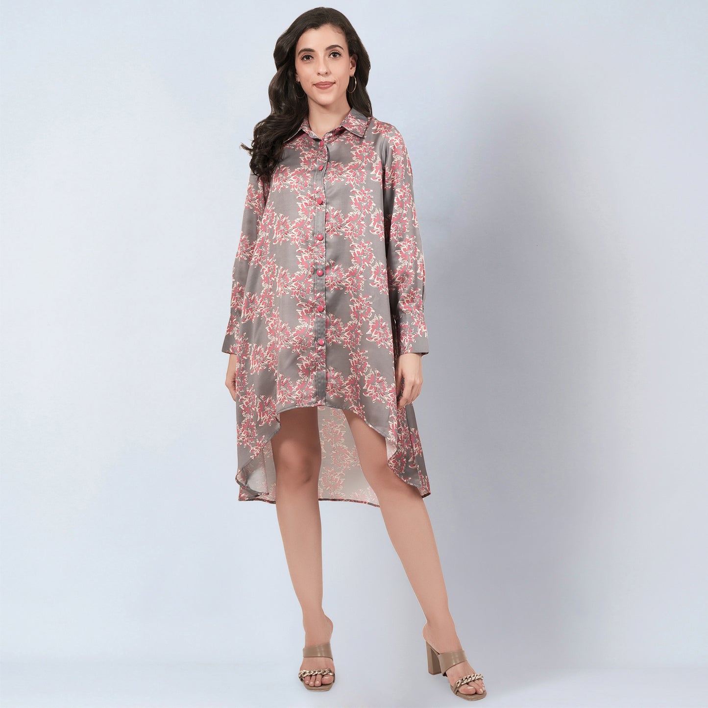 Grey and Pink Floral Hi-Low Dress