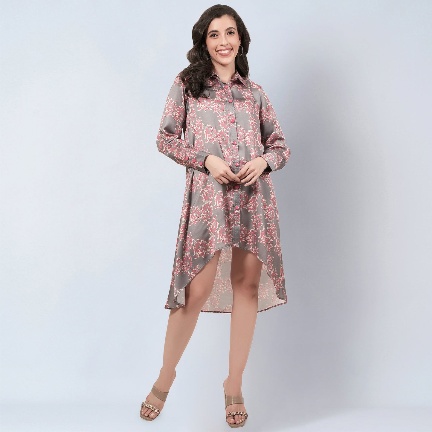 Grey and Pink Floral Hi-Low Dress