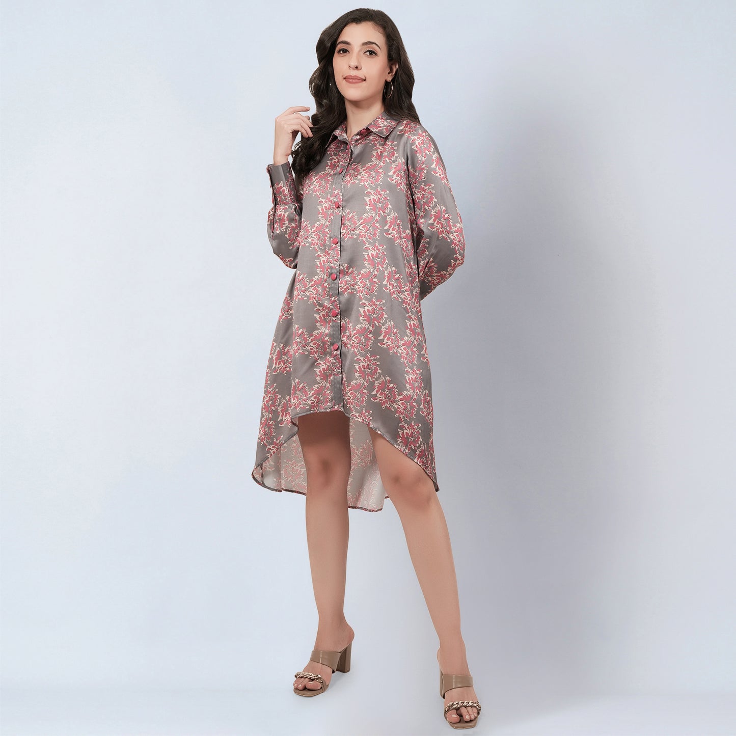 Grey and Pink Floral Hi-Low Dress