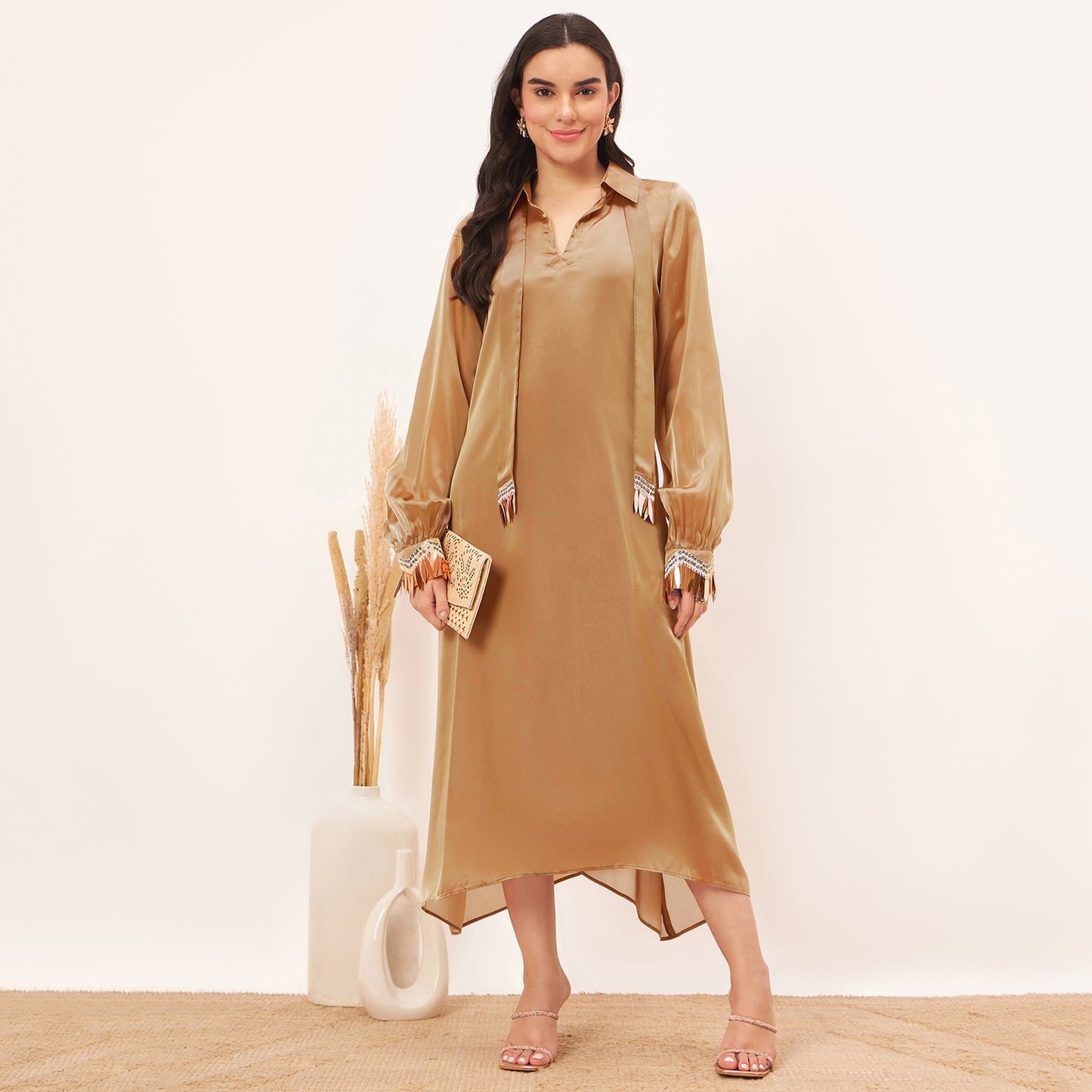 Hazel Brown A-Line Dress with Bead Lace Detail with Slip