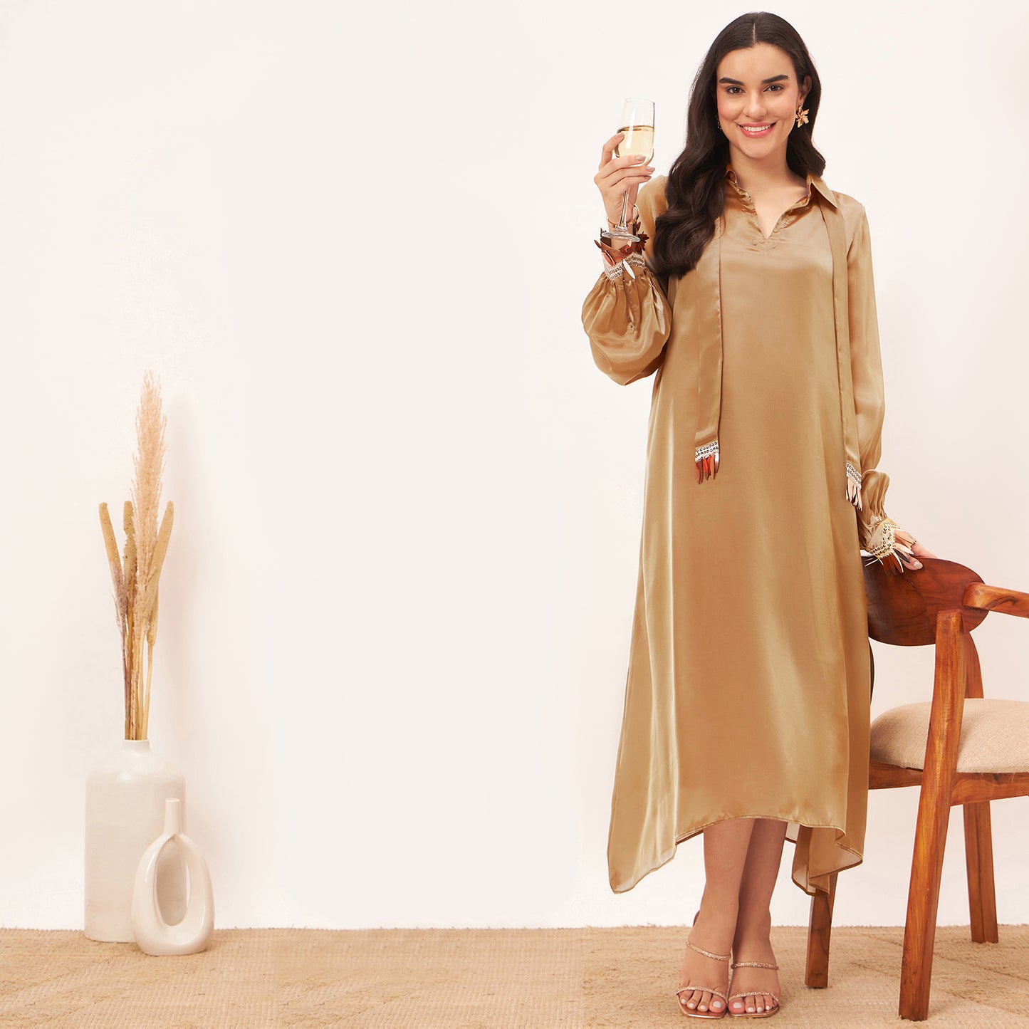 Hazel Brown A-Line Dress with Bead Lace Detail with Slip