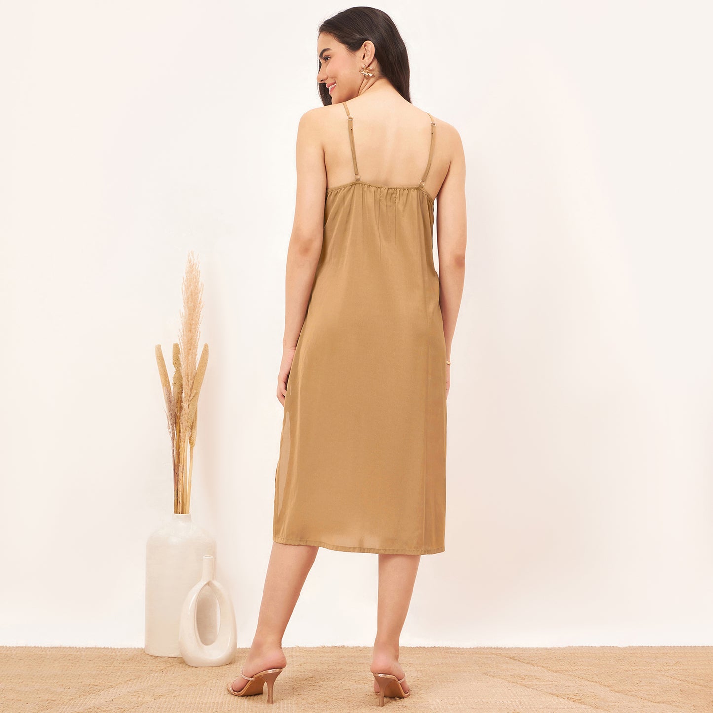 Hazel Brown A-Line Dress with Bead Lace Detail with Slip