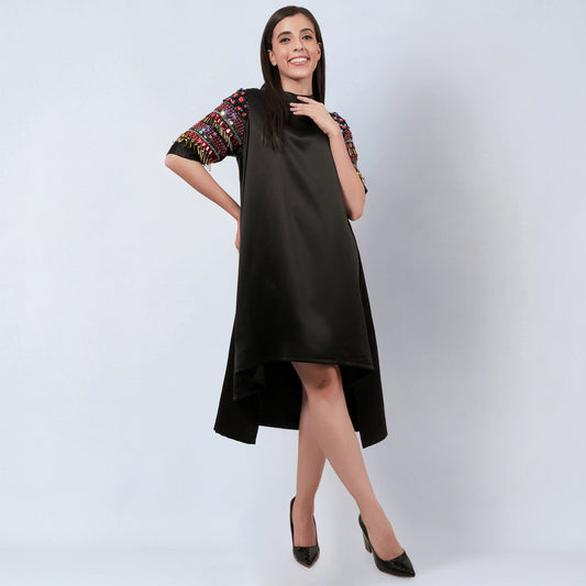 Black Crystal Embroidered Asymmetrical Dress