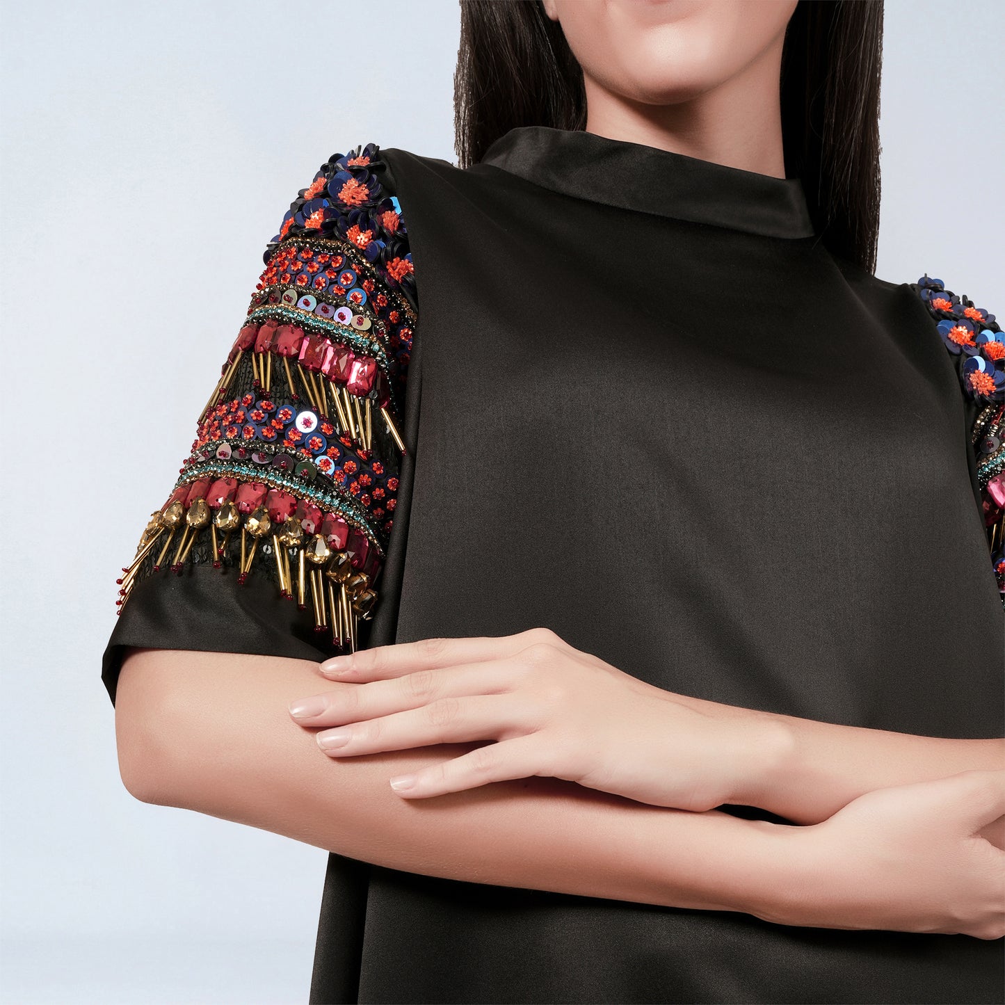 Black Crystal Embroidered Asymmetrical Dress