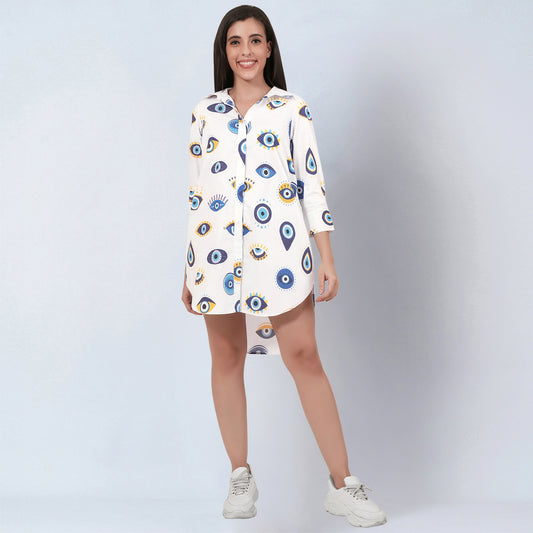 White and Blue Evil Eye Print Shirt Dress