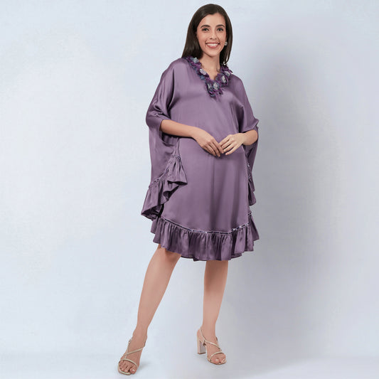 Purple Ruffle Dress with Floral Lace Detail