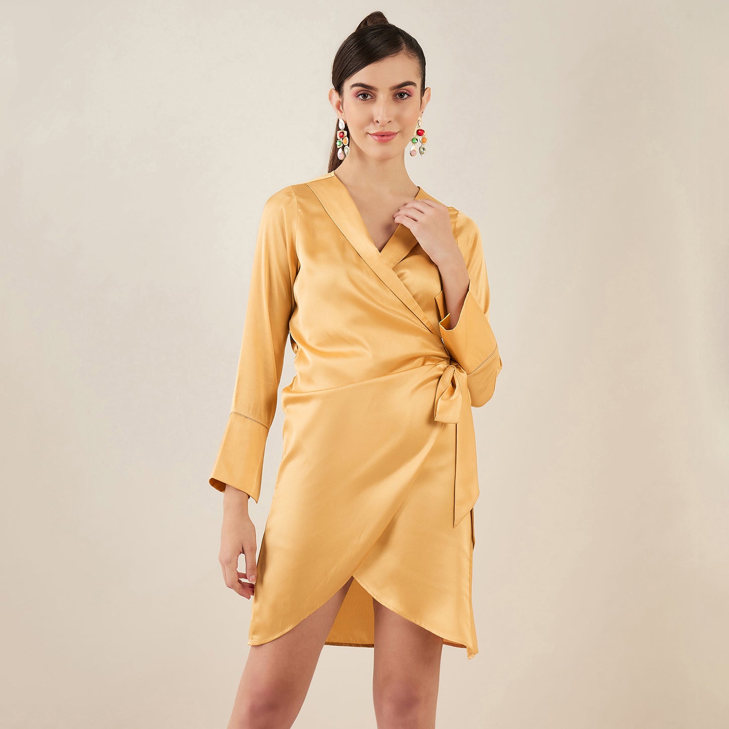 Gold Wrap Around Embellished Satin Short Dress