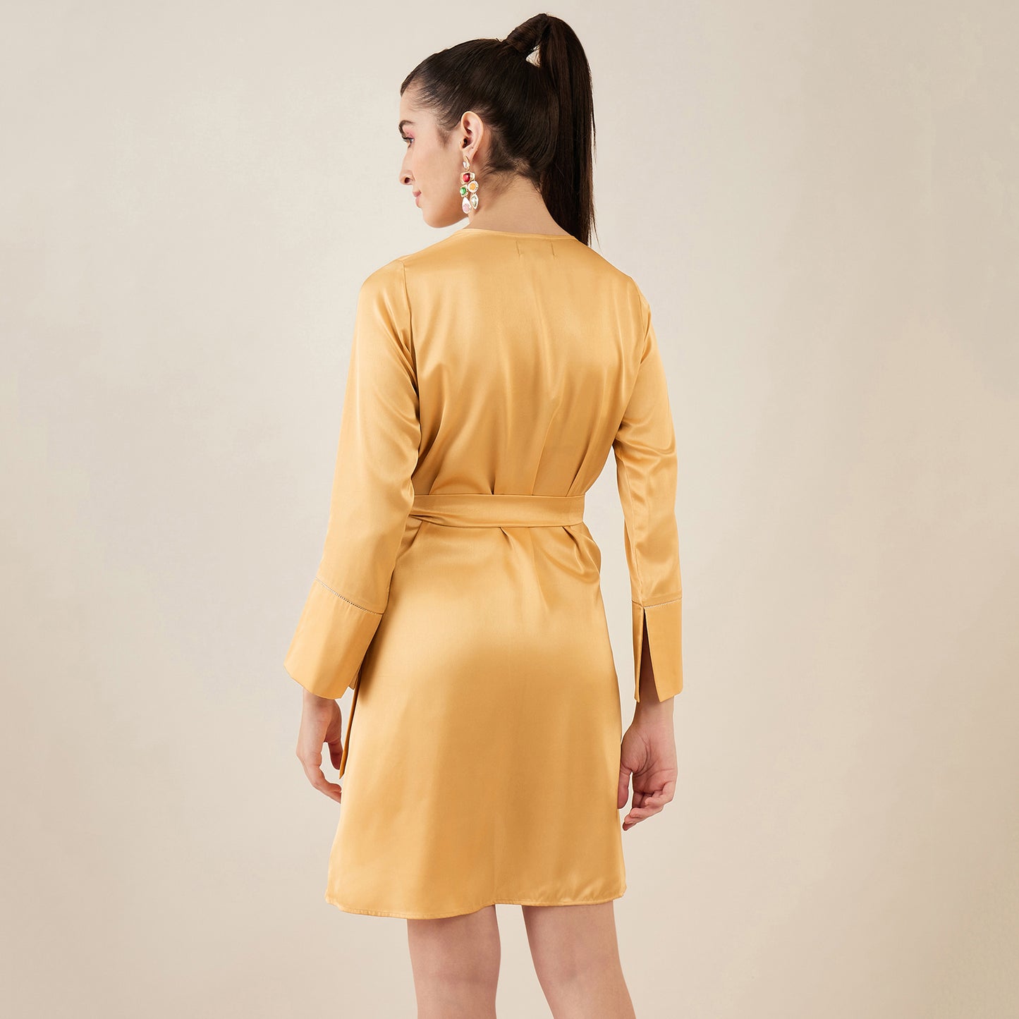 Gold Wrap Around Embellished Satin Short Dress