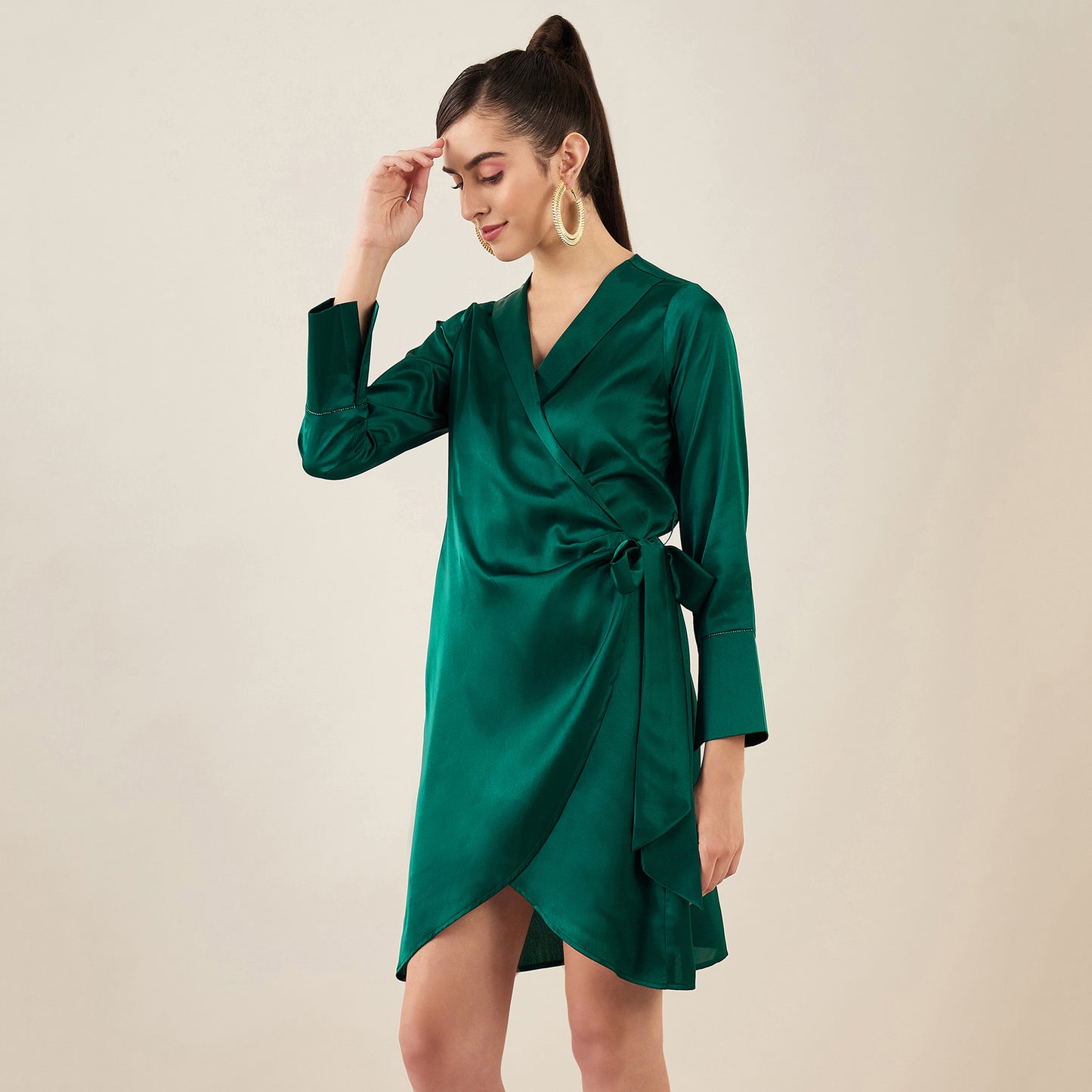 Teal Wrap Around Embellished Satin Short Dress