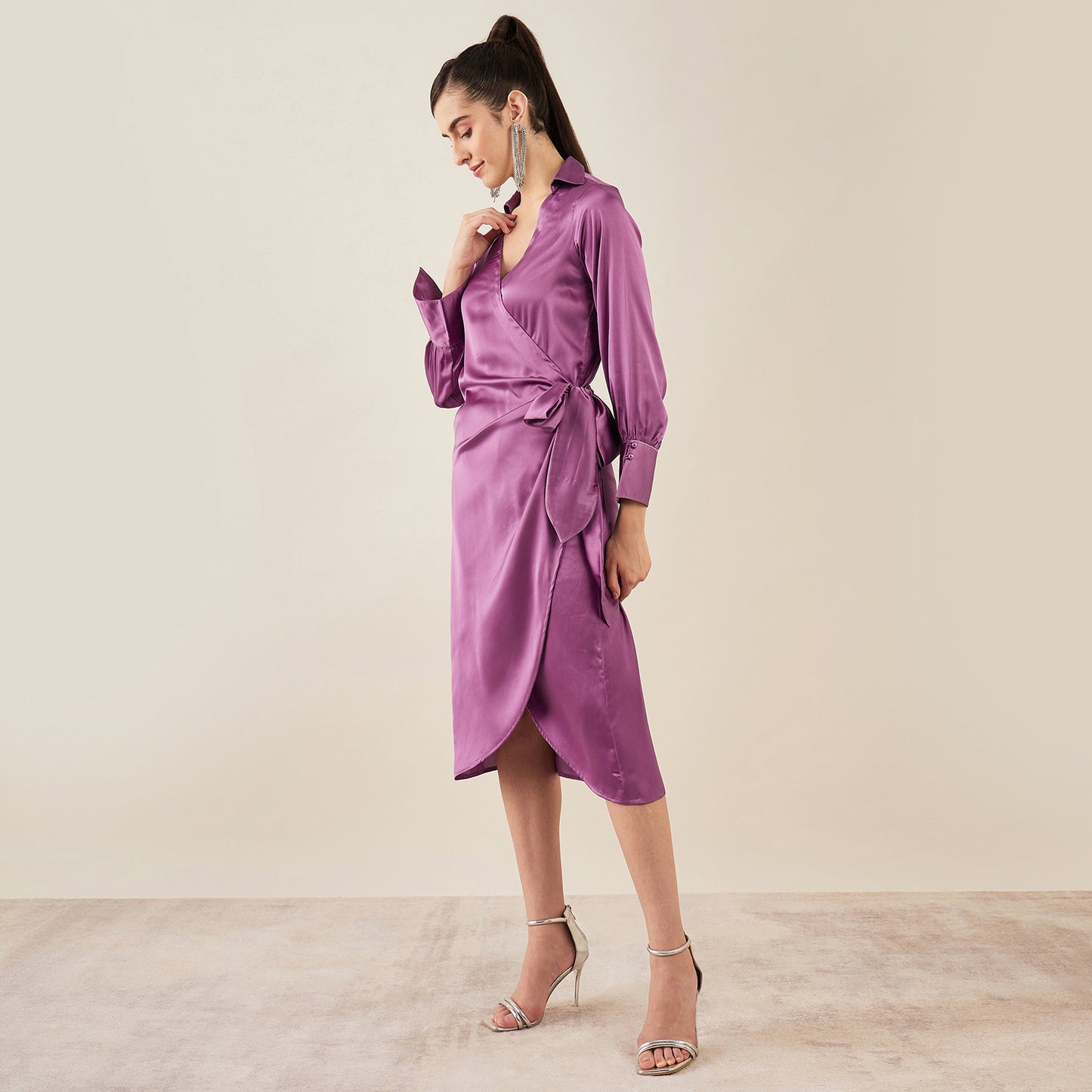 Lilac Wrap Around Embellished Satin Mid Length Dress