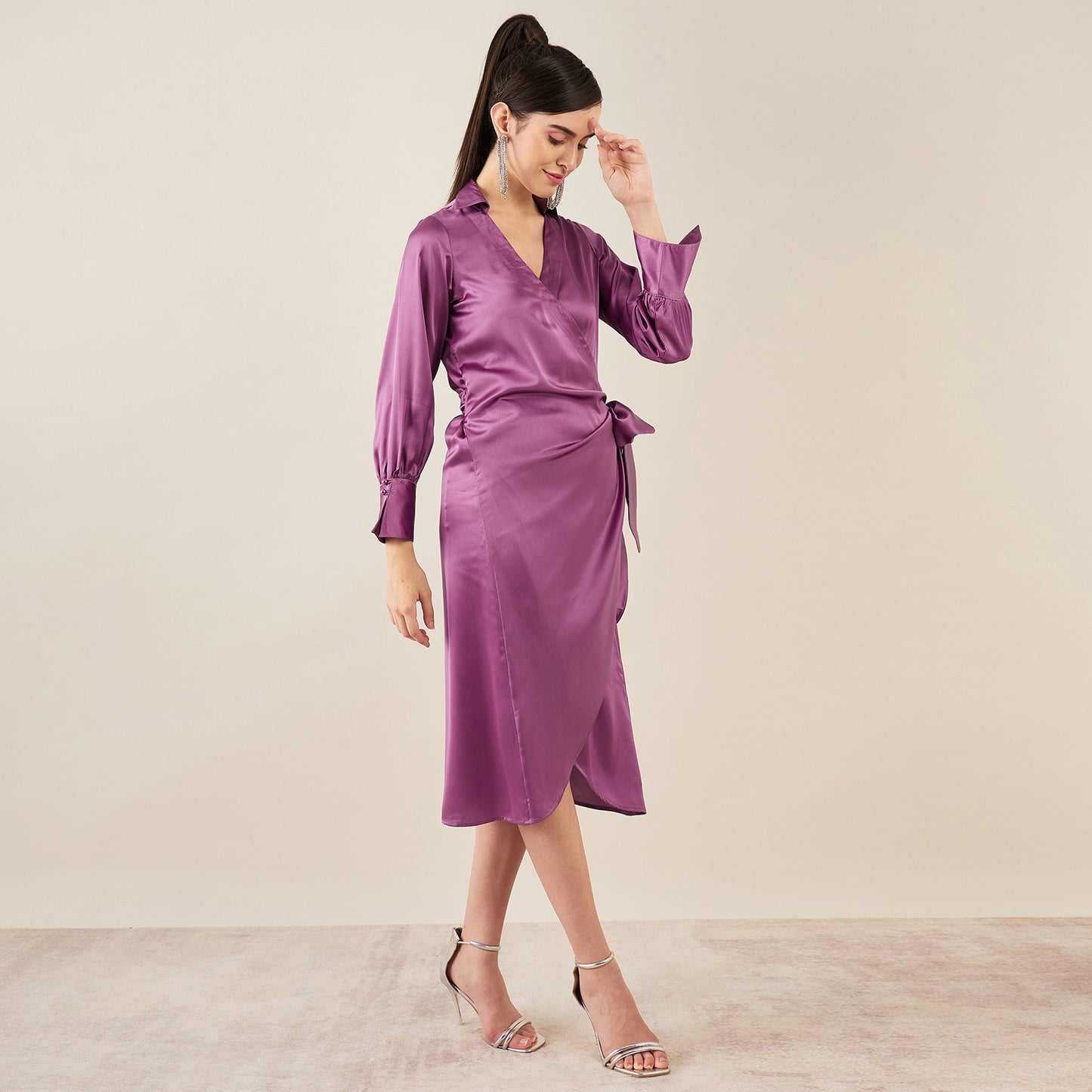 Lilac Wrap Around Embellished Satin Mid Length Dress