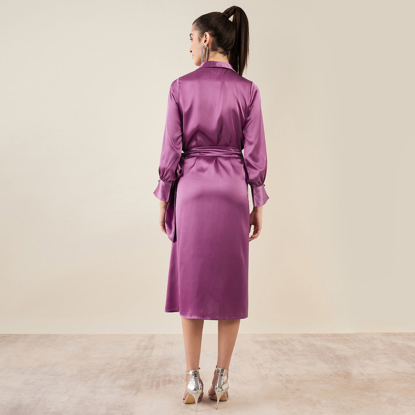 Lilac Wrap Around Embellished Satin Mid Length Dress