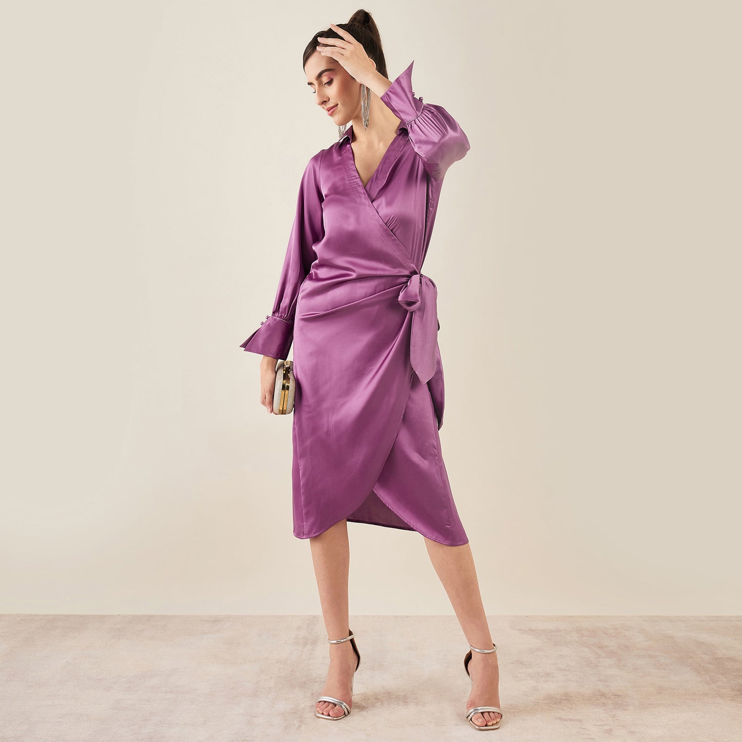 Lilac Wrap Around Embellished Satin Mid Length Dress