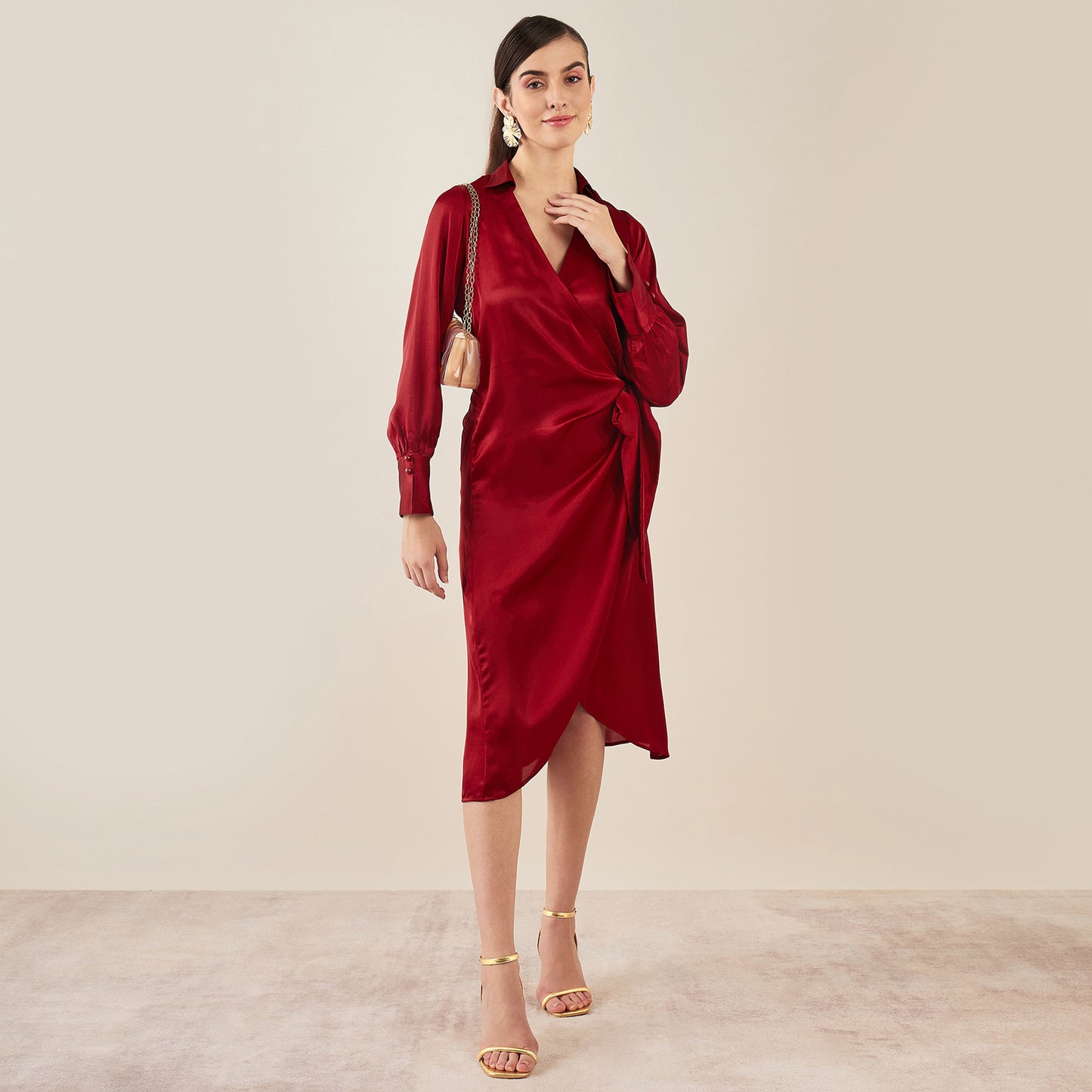 Maroon Wrap Around Embellished Satin Mid Length Dress