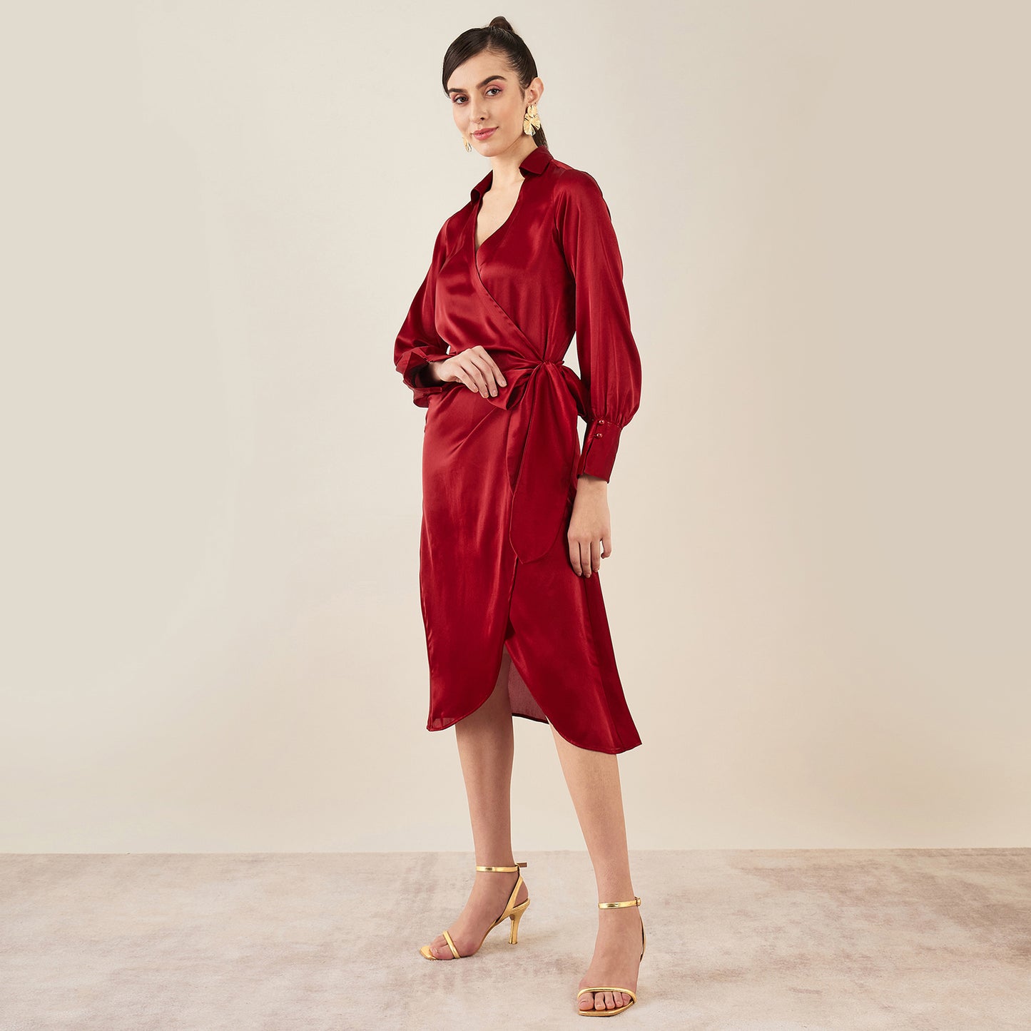 Maroon Wrap Around Embellished Satin Mid Length Dress