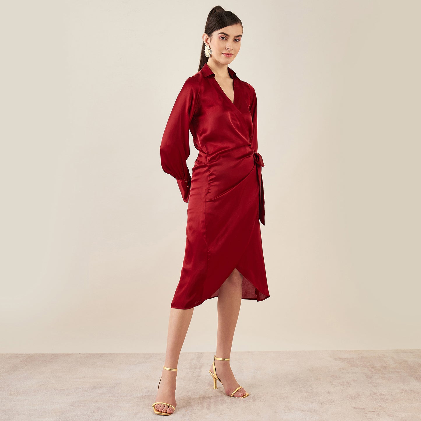 Maroon Wrap Around Embellished Satin Mid Length Dress