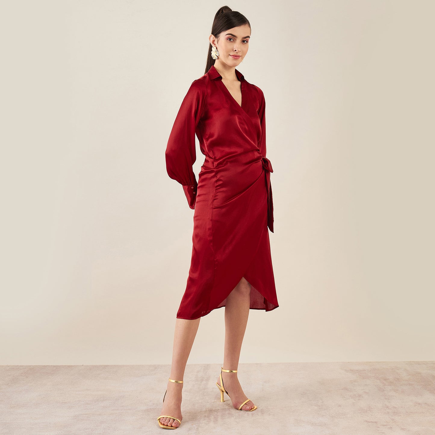 Maroon Wrap Around Embellished Satin Mid Length Dress