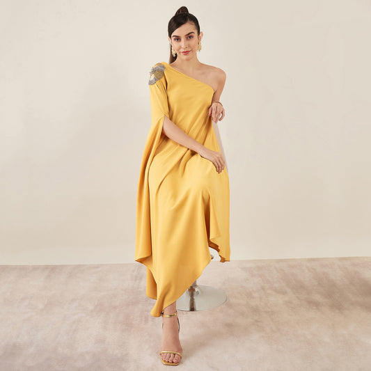 Mustard One-Shoulder Crystal Hand Embroidered Asymmetrical Dress