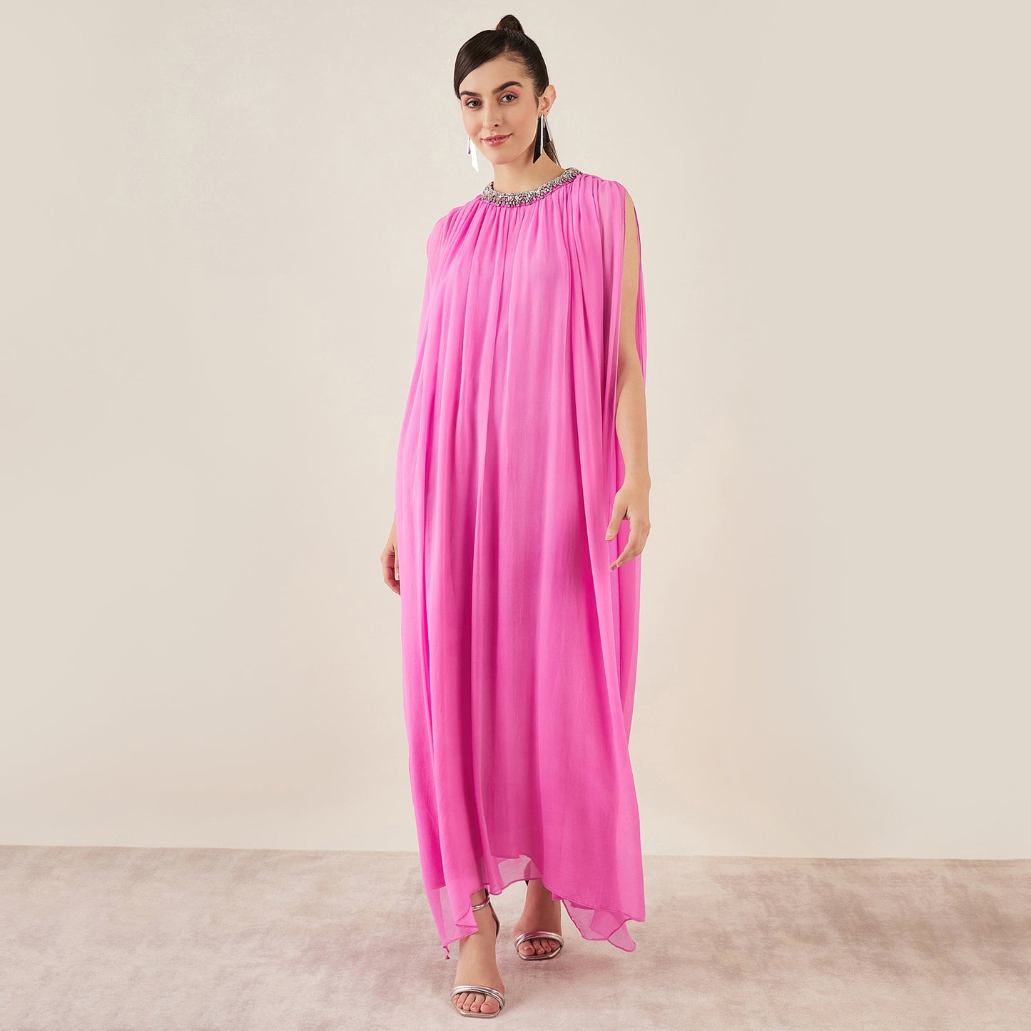 Pink Crystal Hand Embroidered and Gathered Silk Full Length Dress