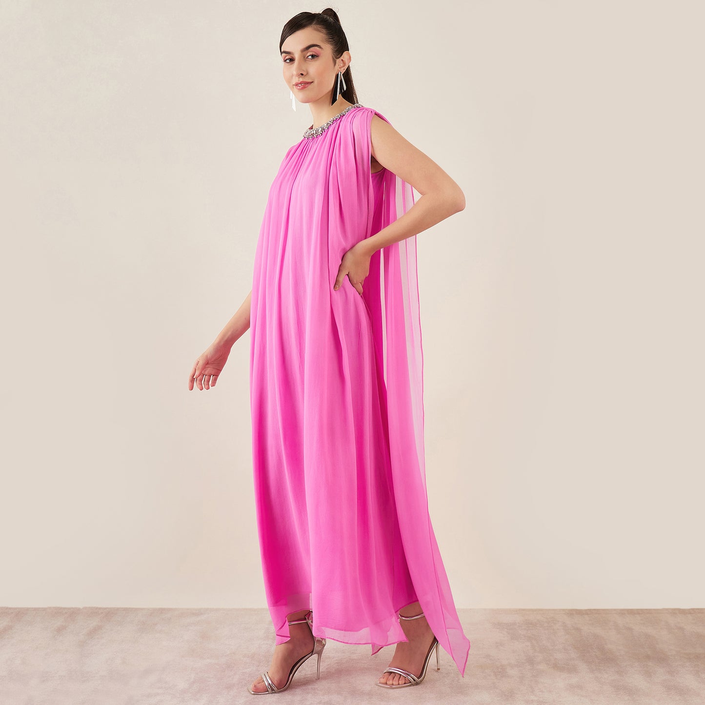 Pink Crystal Hand Embroidered and Gathered Silk Full Length Dress