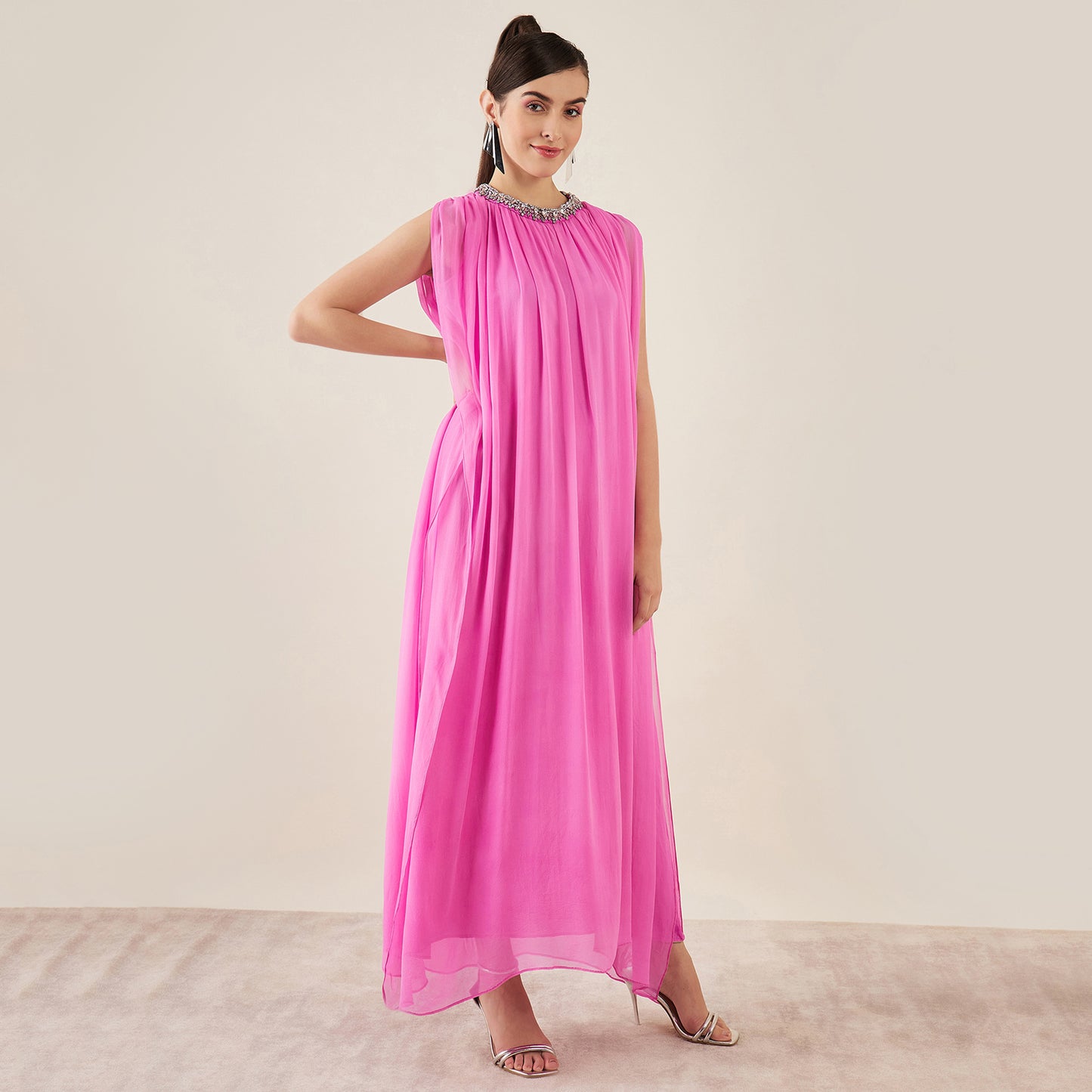 Pink Crystal Hand Embroidered and Gathered Silk Full Length Dress