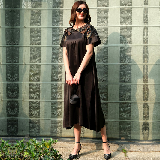 Black Sequin Embroidered Mid Length Dress