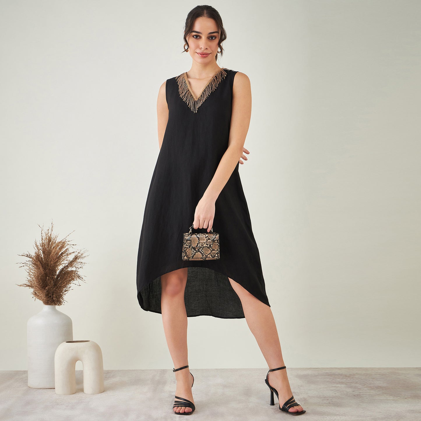 Black A-Line Linen Dress with Cut Dana Lace Detail