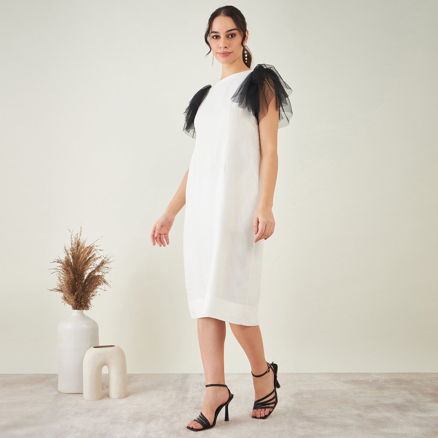 Off-White Linen Dress with Black Net Sleeves