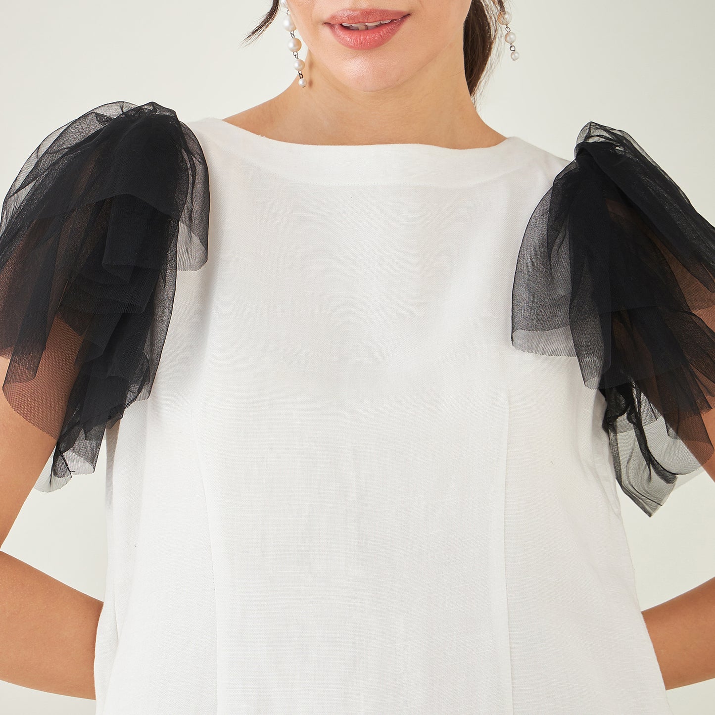 Off-White Linen Dress with Black Net Sleeves