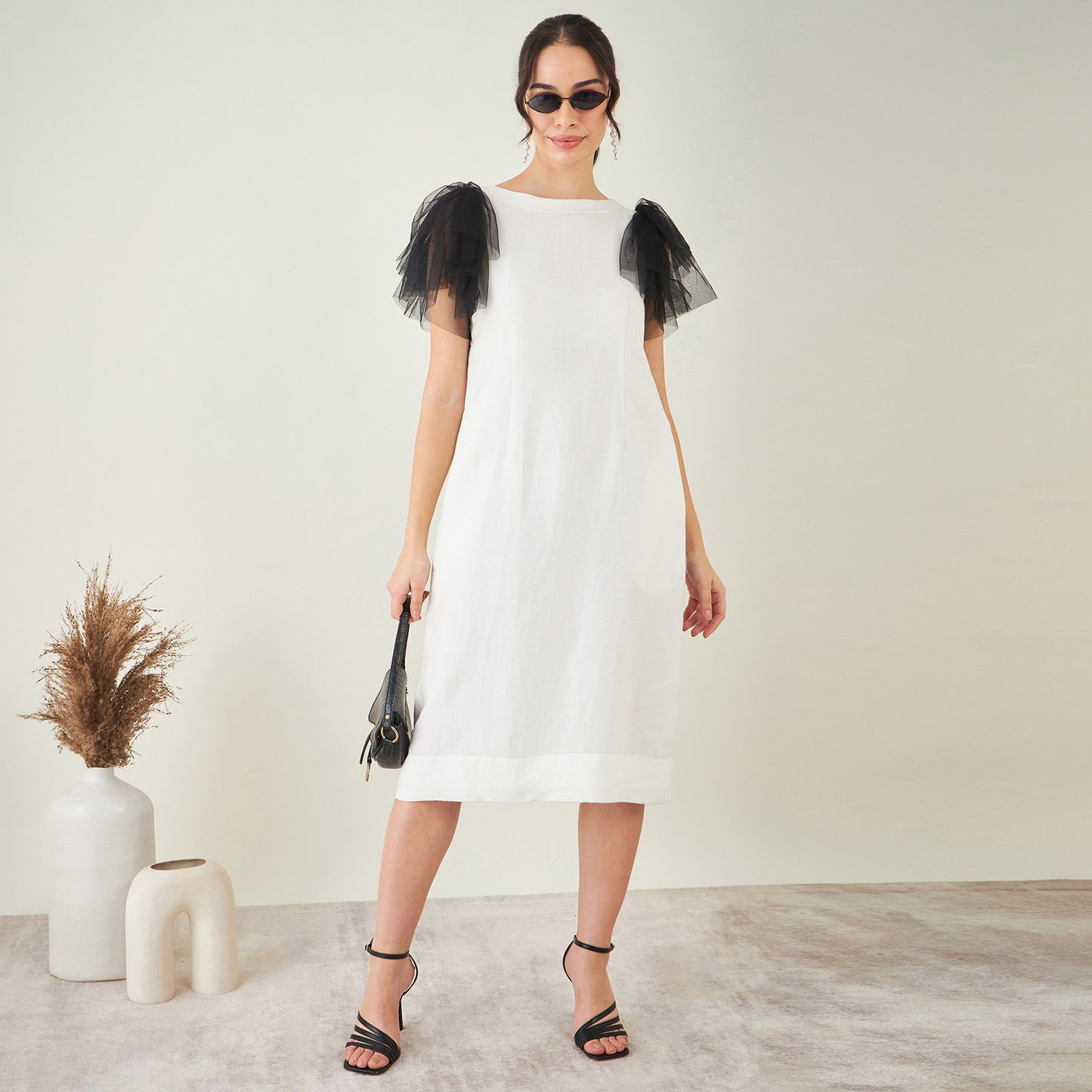 Off-White Linen Dress with Black Net Sleeves