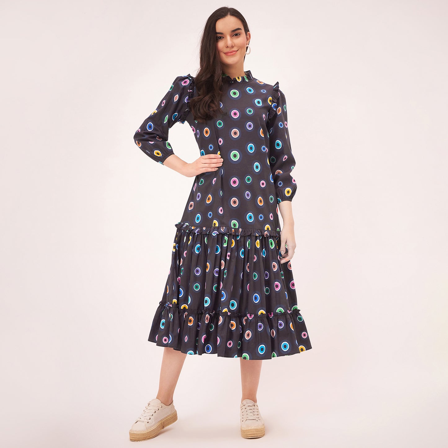 Black Evil Eye Frill Mid Length Dress