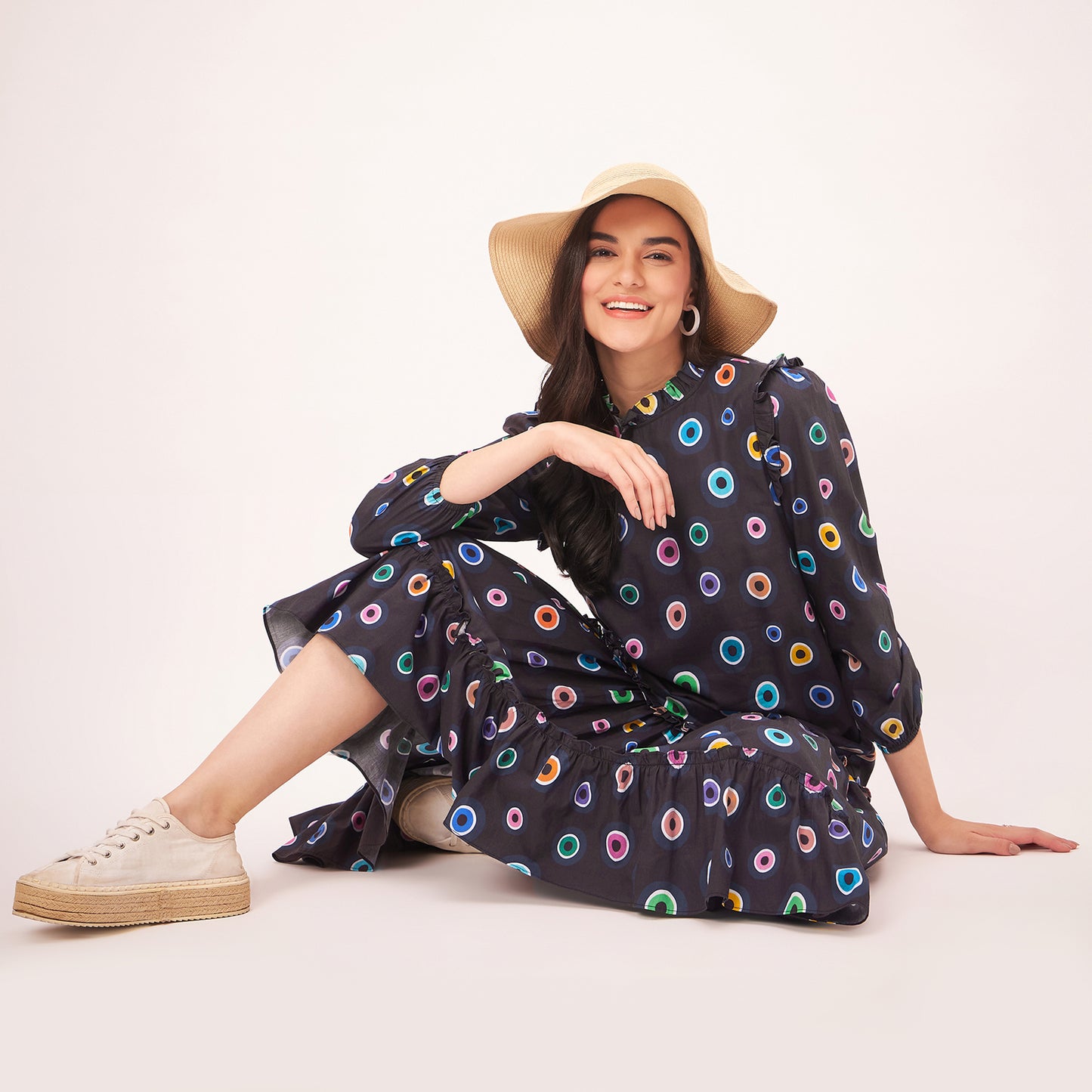 Black Evil Eye Frill Mid Length Dress