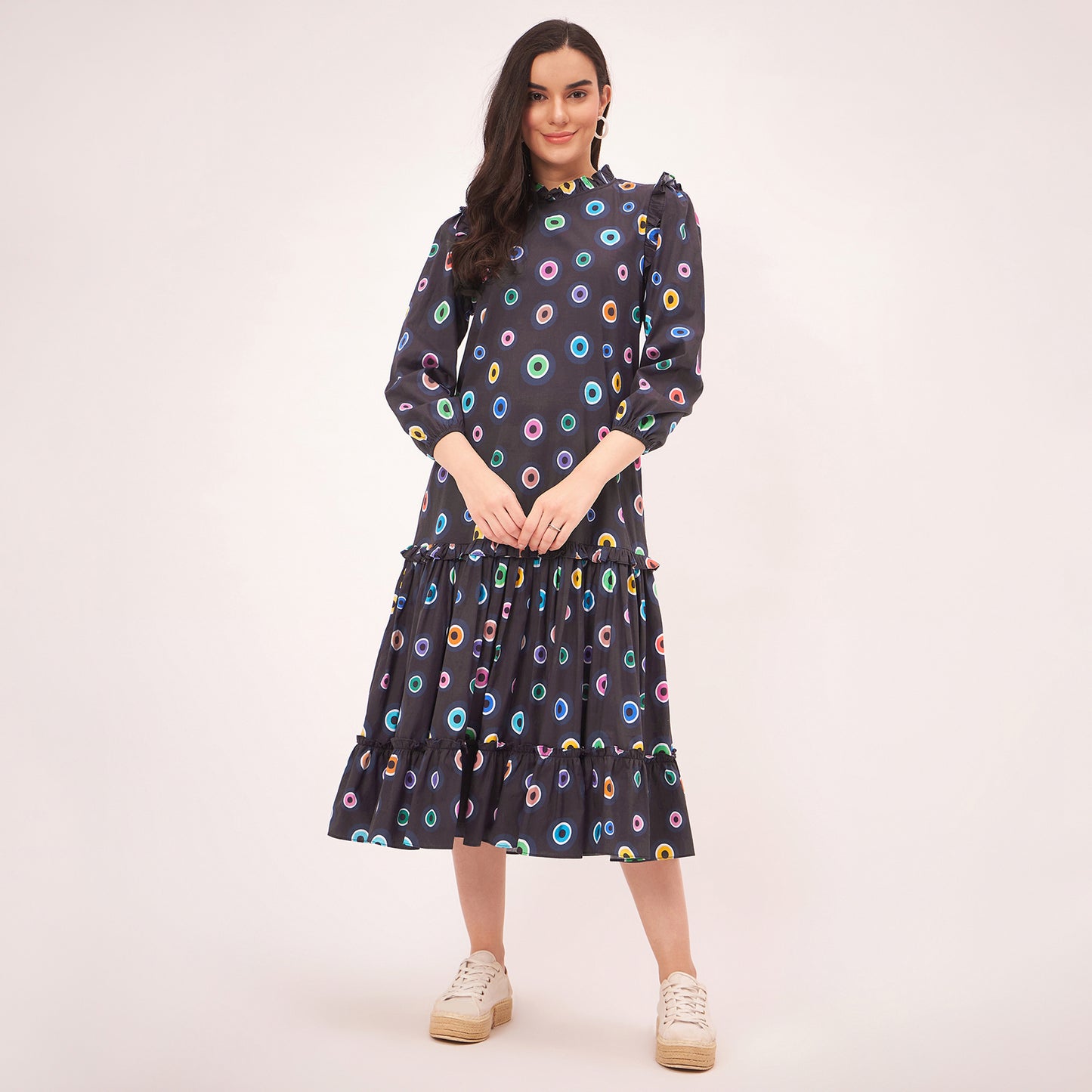 Black Evil Eye Frill Mid Length Dress