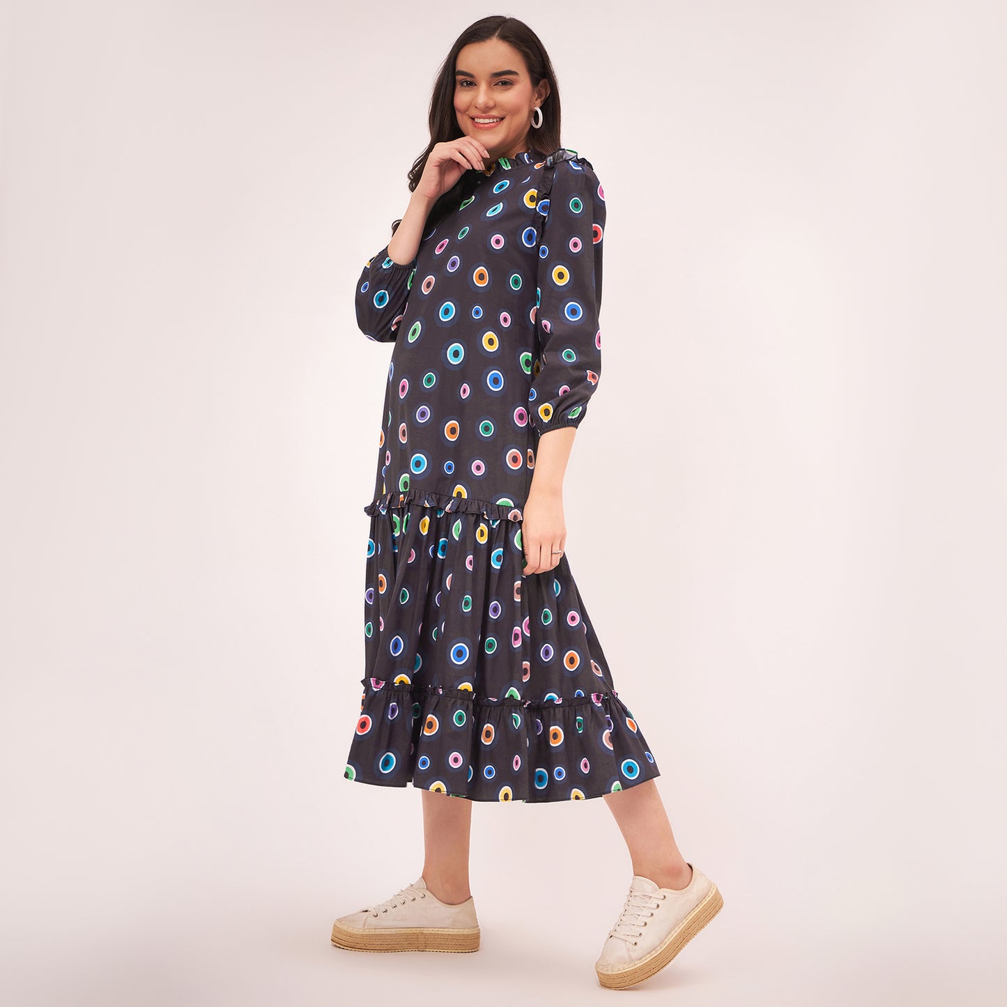 Black Evil Eye Frill Mid Length Dress