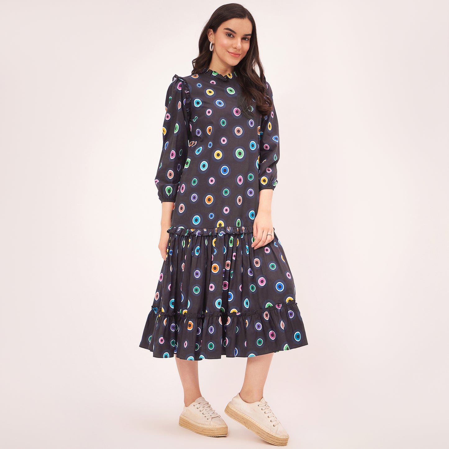 Black Evil Eye Frill Mid Length Dress