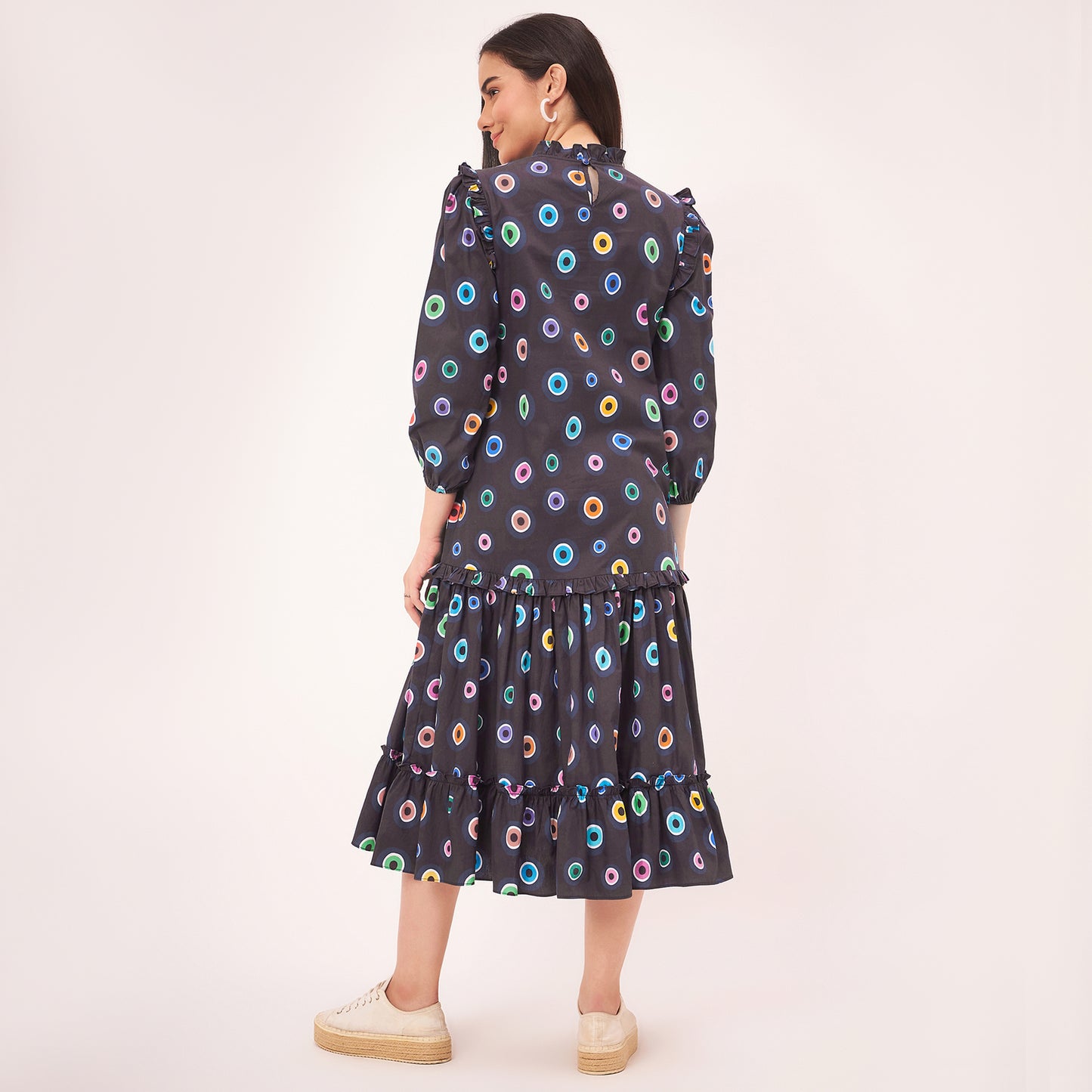 Black Evil Eye Frill Mid Length Dress