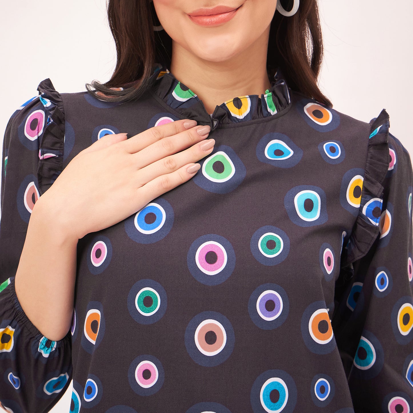 Black Evil Eye Frill Mid Length Dress