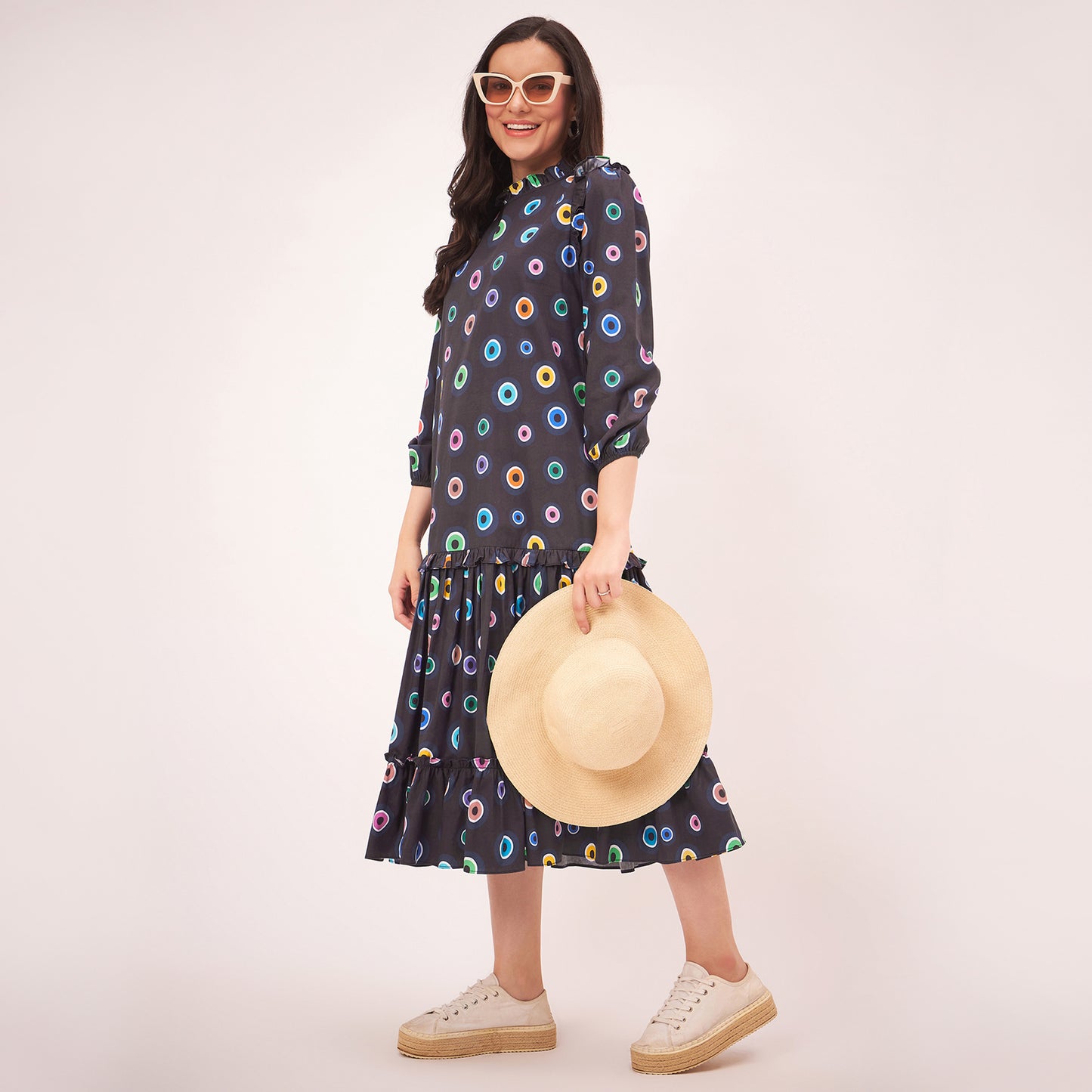 Black Evil Eye Frill Mid Length Dress