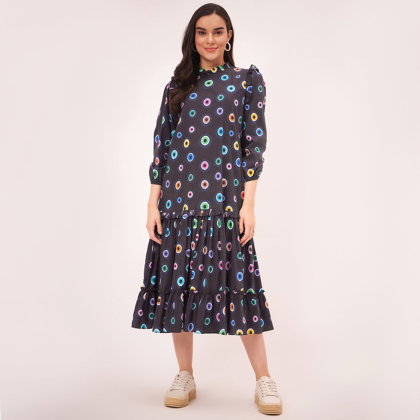 Black Evil Eye Frill Mid Length Dress