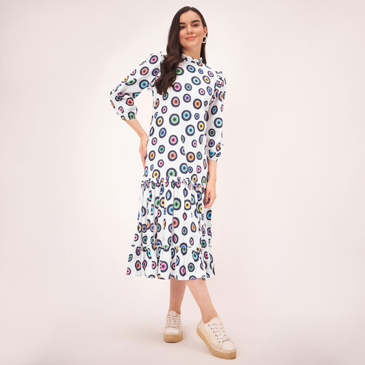 White Evil Eye Frill Mid Length Dress